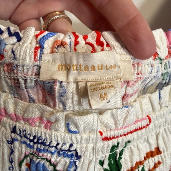 NEW MONTEAU Los Angeles Tropical Linen Blend Smocked Top Sqaure Neck Medium - Picture 4 of 6